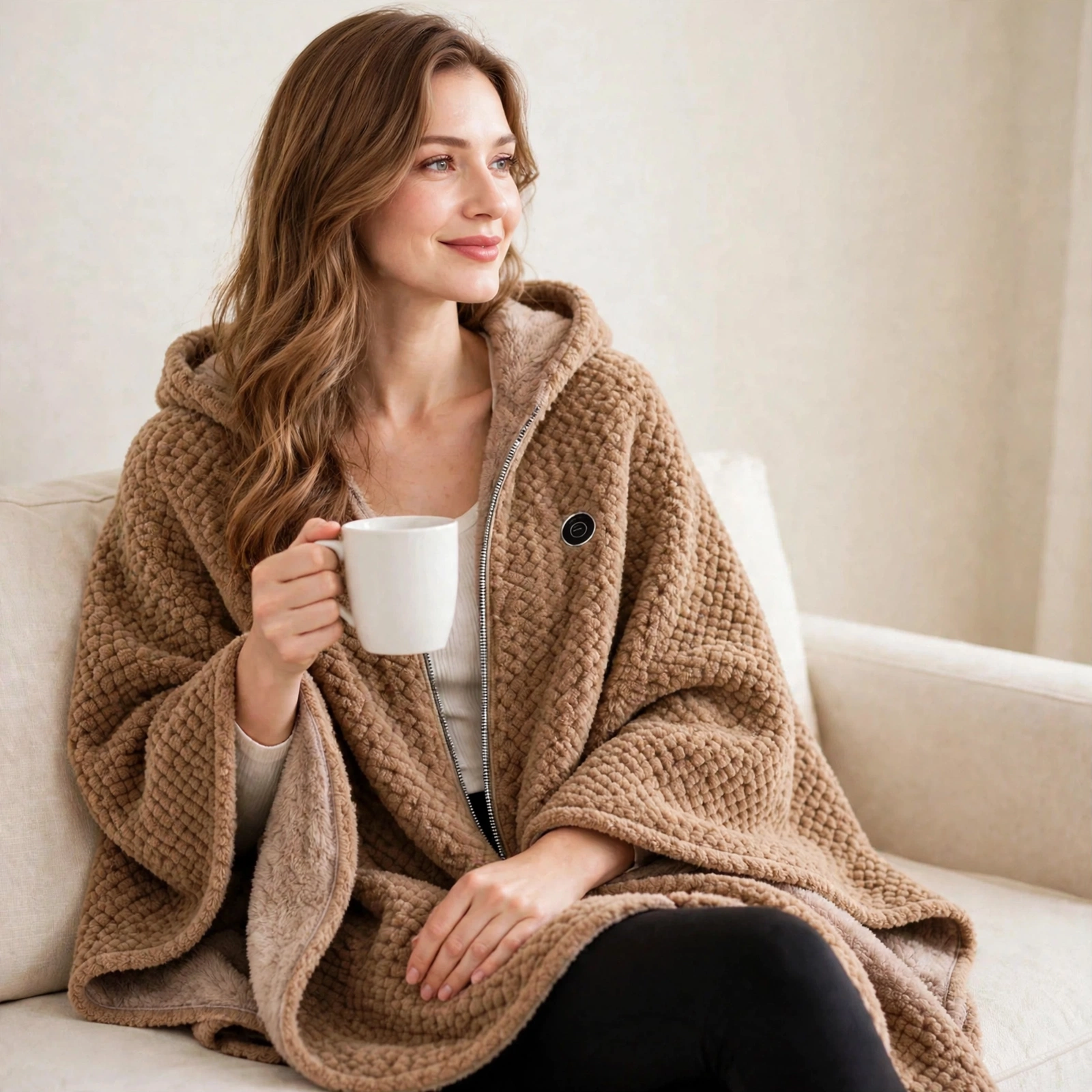 Woman relaxing on a sofa in the Belvaree heated poncho