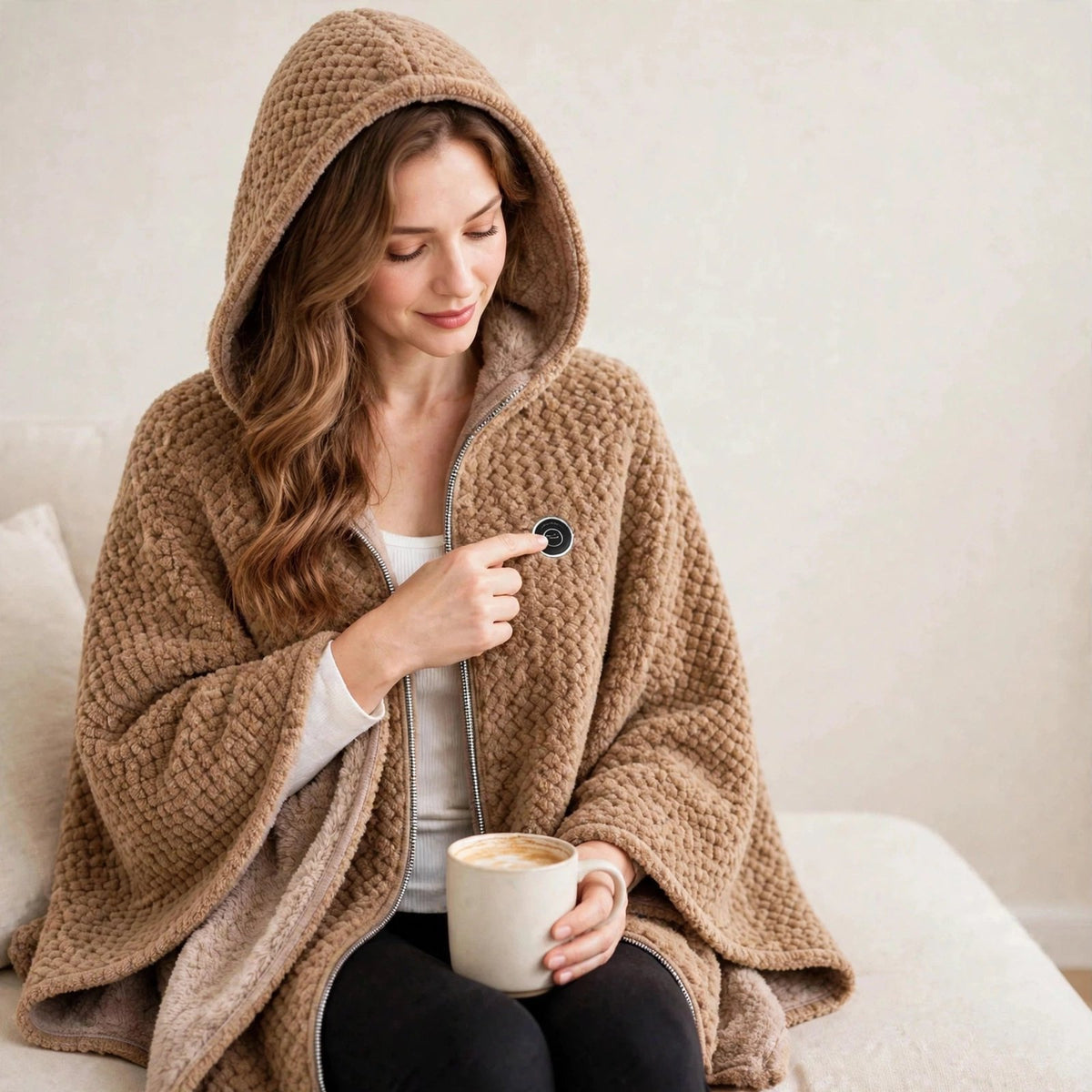 Woman pressing the heat button on the Belvaree poncho
